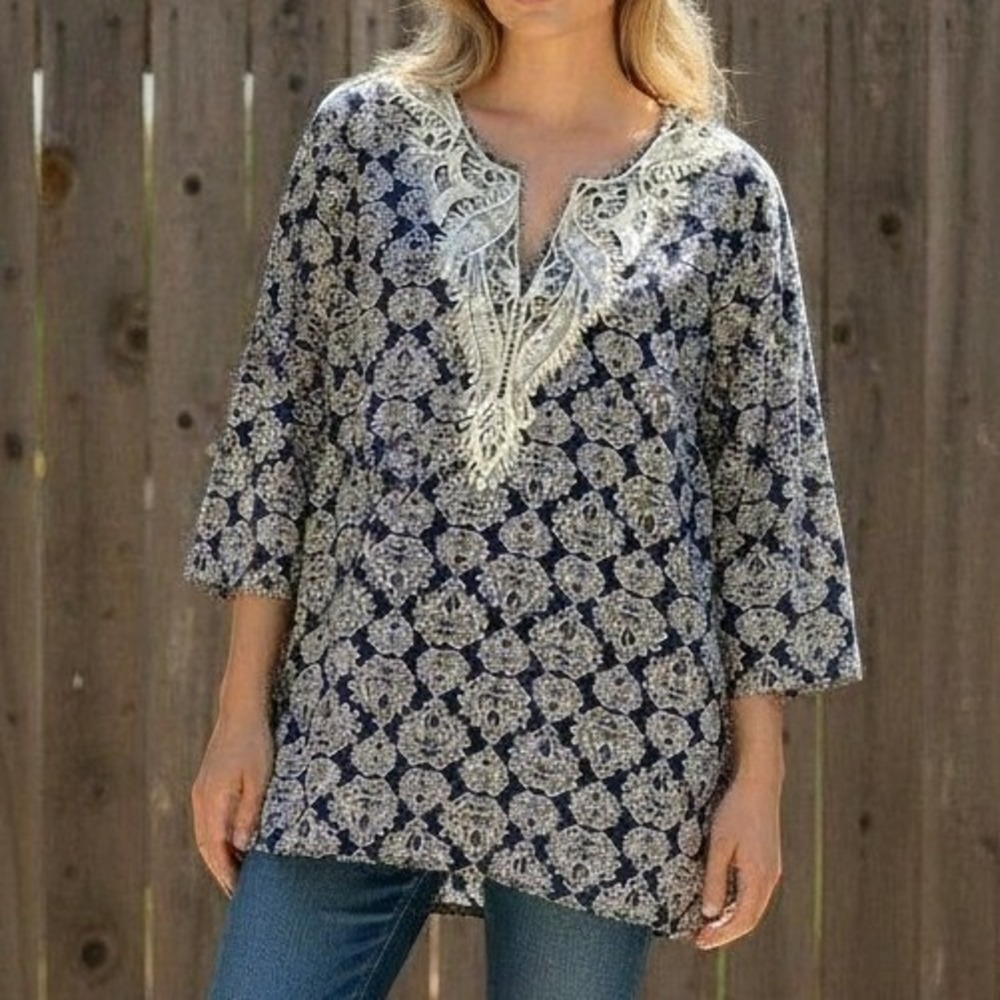 Talbots Plus 1X Navy Blue Damask Cotton Tunic Coastal Boho Crochet Lace Trim Top